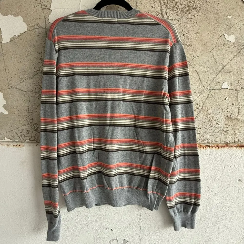 Banana Republic Sweater Striped Cotton V Neck Pullover Grey Coral Classic Mens M